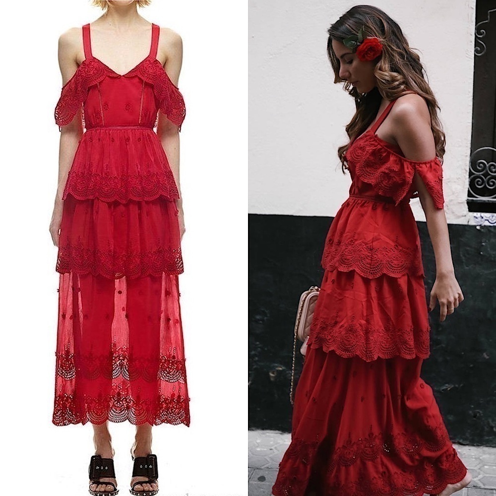 SELF-PORTRAIT Embroidery Scallop Ruffle Tier Off Shoulder Raspberry Midi Dress 4